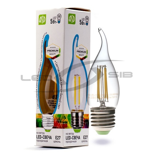 Лампа сд LED-СВЕЧА НА ВЕТРУ-PREMIUM 5.0W 230V Е27 450Lm прозрачная ASD