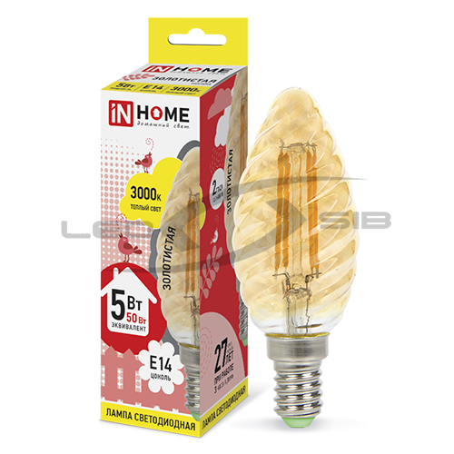 Лампа сд LED-СВЕЧА ВИТАЯ-deco 5W 230V Е14 3000K 450Lm золотистая IN HOME