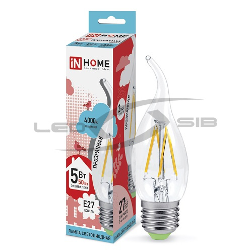 Лампа сд LED-СВЕЧА НА ВЕТРУ-deco 5W 230V Е27 450Lm прозрачная IN HOME